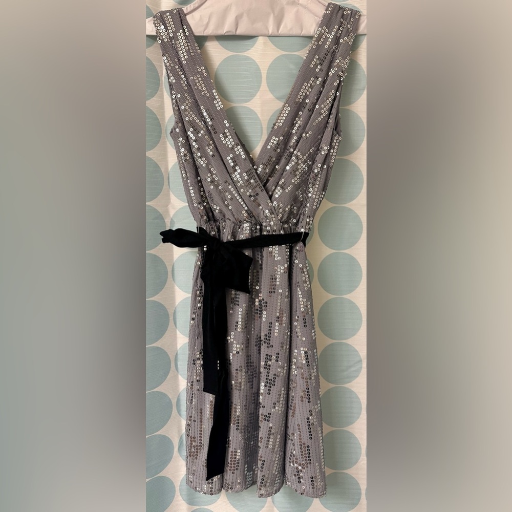 Express Dress, Gray with silver sequins and black ribbon tie, Size XS